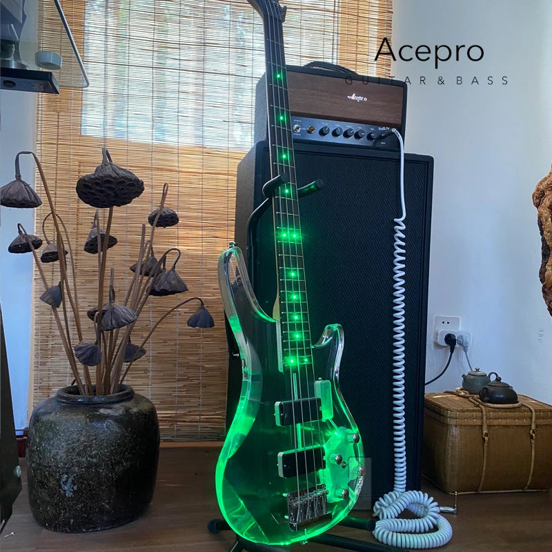 Clear Acrylic Crystal Body 4 String LED Electric Bass Guitar