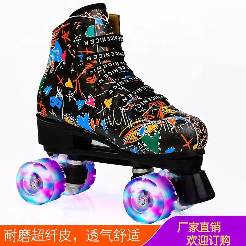 Graffiti Microfiber Roller Quad Roller Skates with LED Wheels