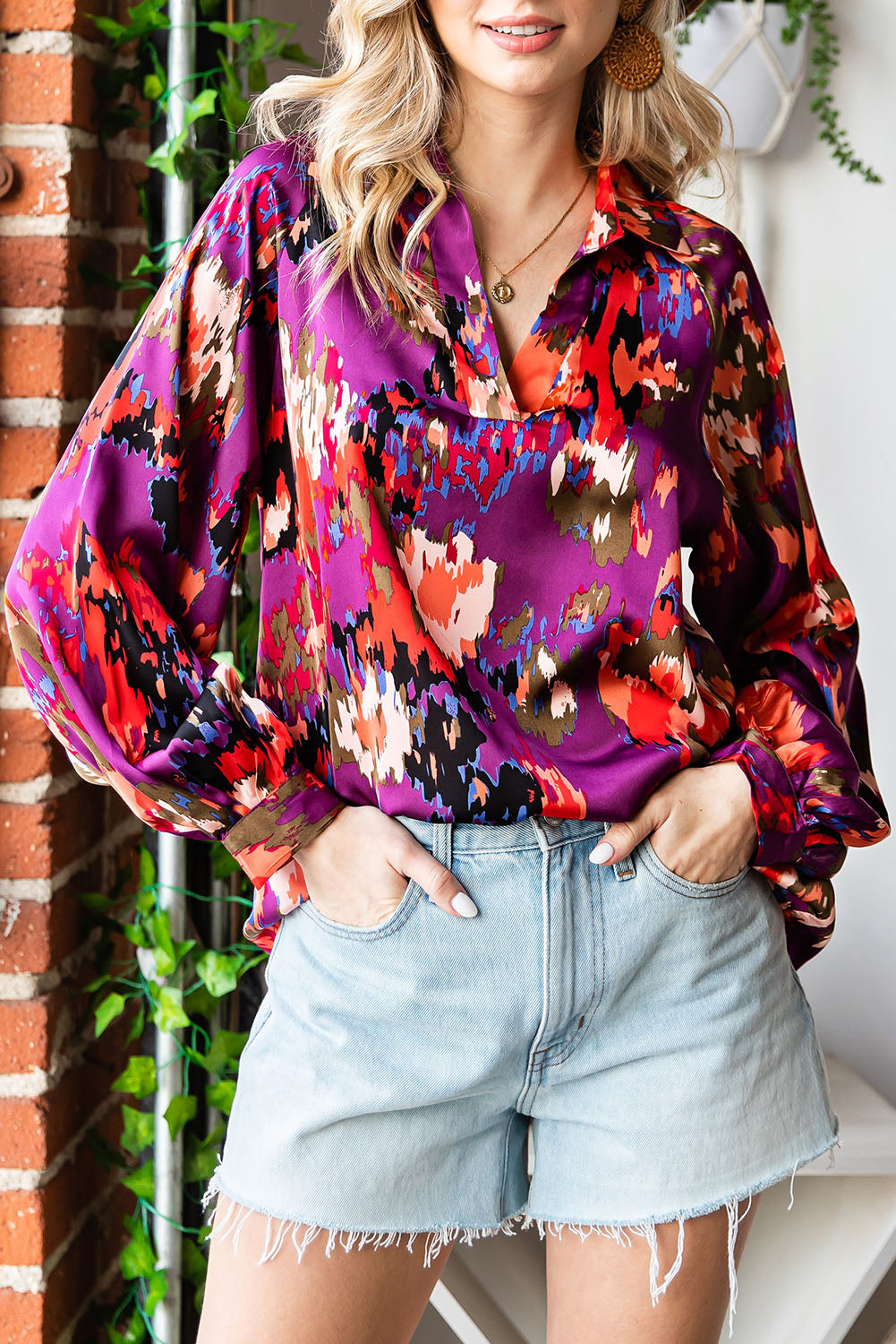 Green Graffiti Colorblock Casual V Neck Puff Sleeve Blouse