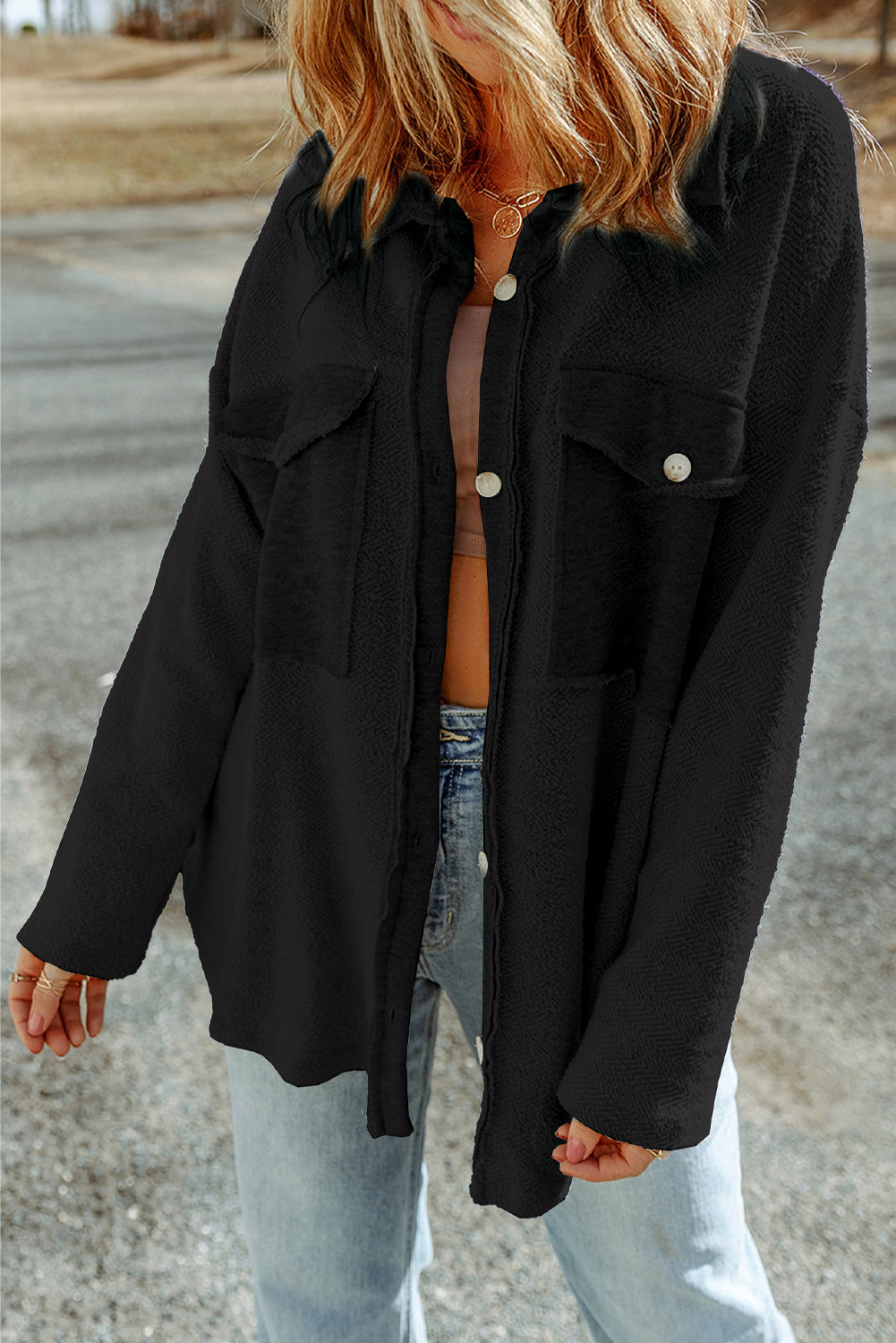 Black Plain Textured Button Up Shirt Shacket with Flap Pockets