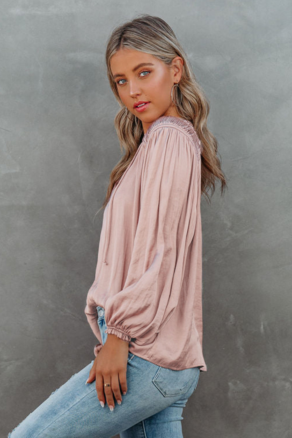 Black Pleated Balloon Sleeve Drawstring V-Neck Blouse