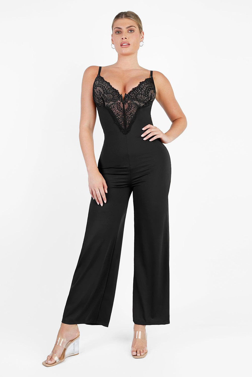 Black Lace Splicing V Neck Bodice Wide Leg Jumpsuit