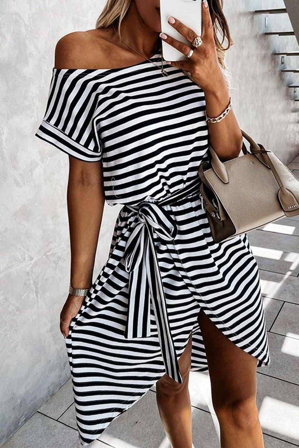 Black Stripe Belted Wrapped Hemline T-Shirt Dress