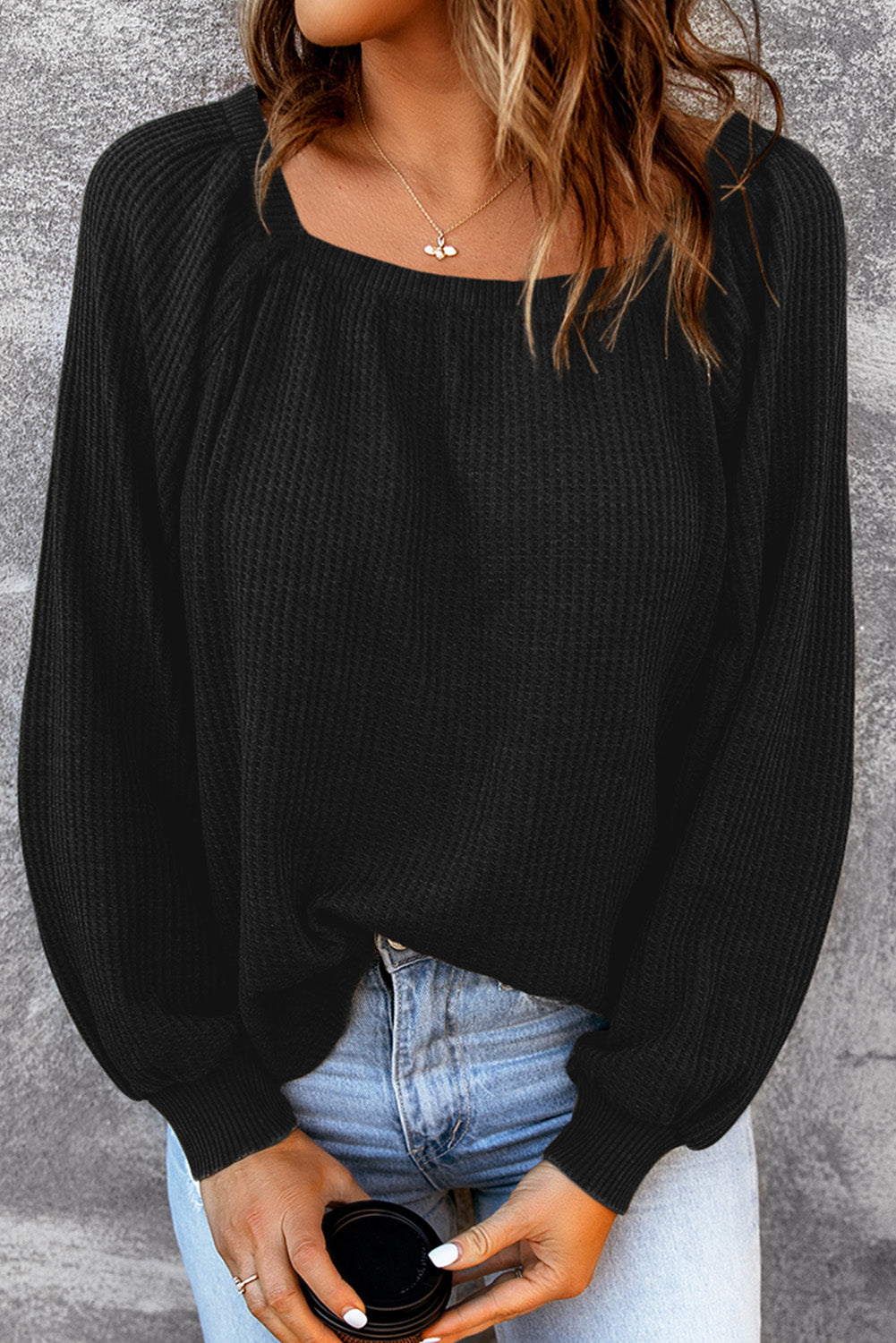 Pink Waffle Texture Casual Square Neck Pullover Top