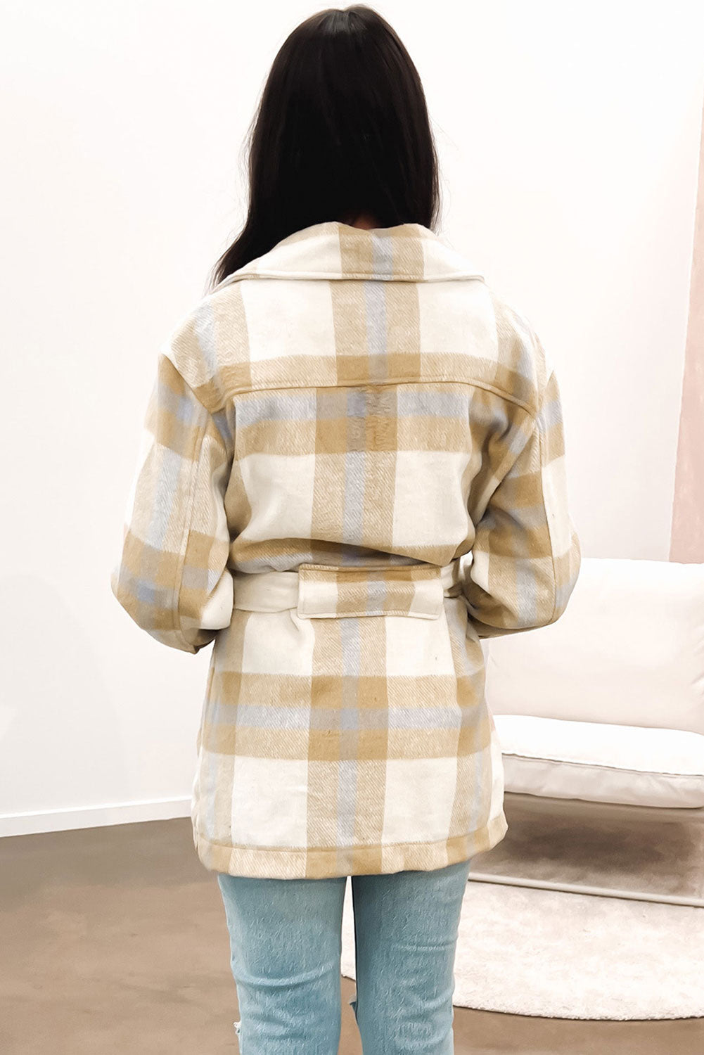 Black Plaid Button-Up Flap Pocket Belted Jacket