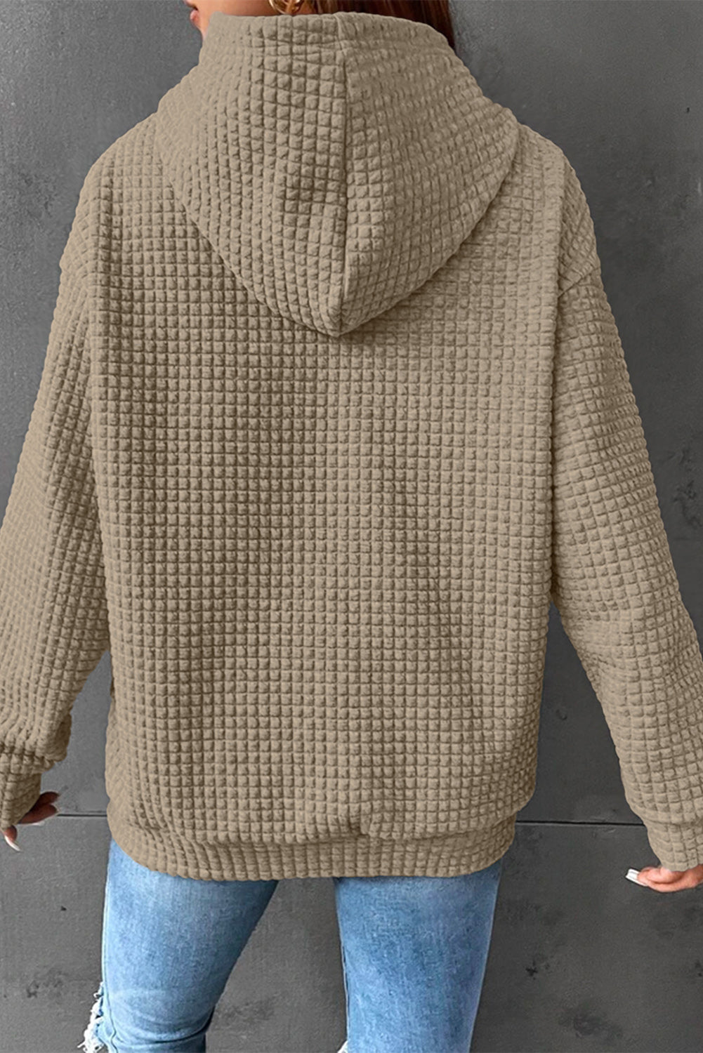 Khaki Lattice Textured Kangaroo Pocket Drawstring Hoodie