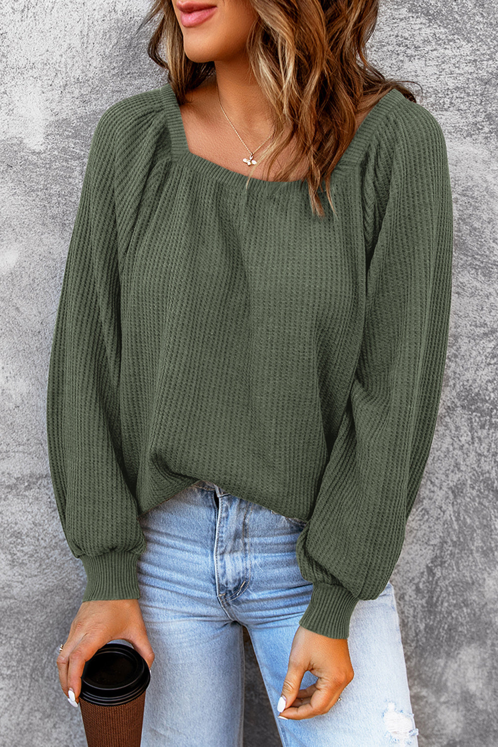 Pink Waffle Texture Casual Square Neck Pullover Top