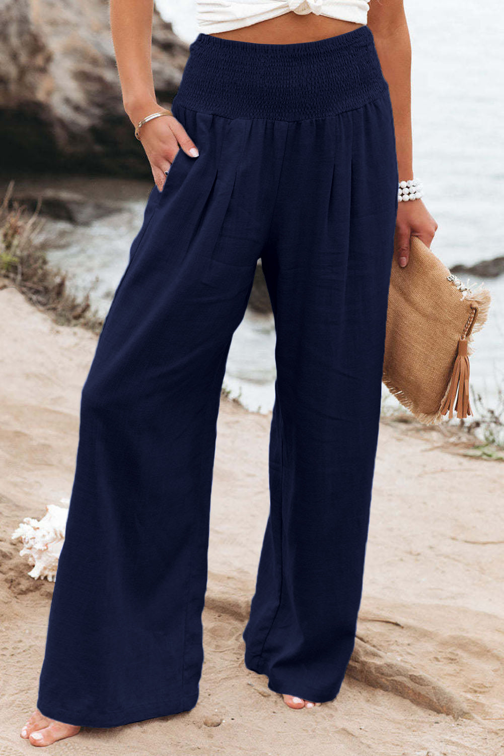 Brown Smocked Wide Waistband High Waist Wide Leg Pants
