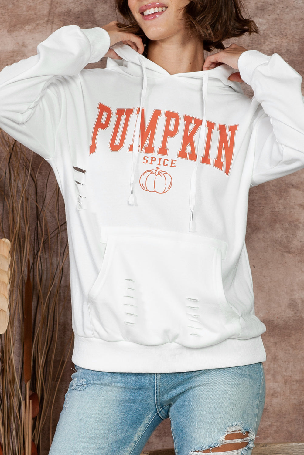 White PUMPKIN SPICE Distressed Graphic Hoodie