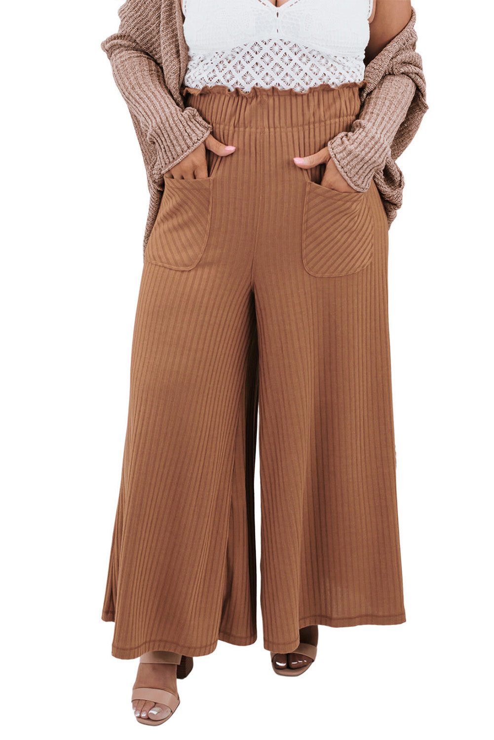 Brown Ribbed Patch Pocket Frill Waist Wide Leg Plus Pants