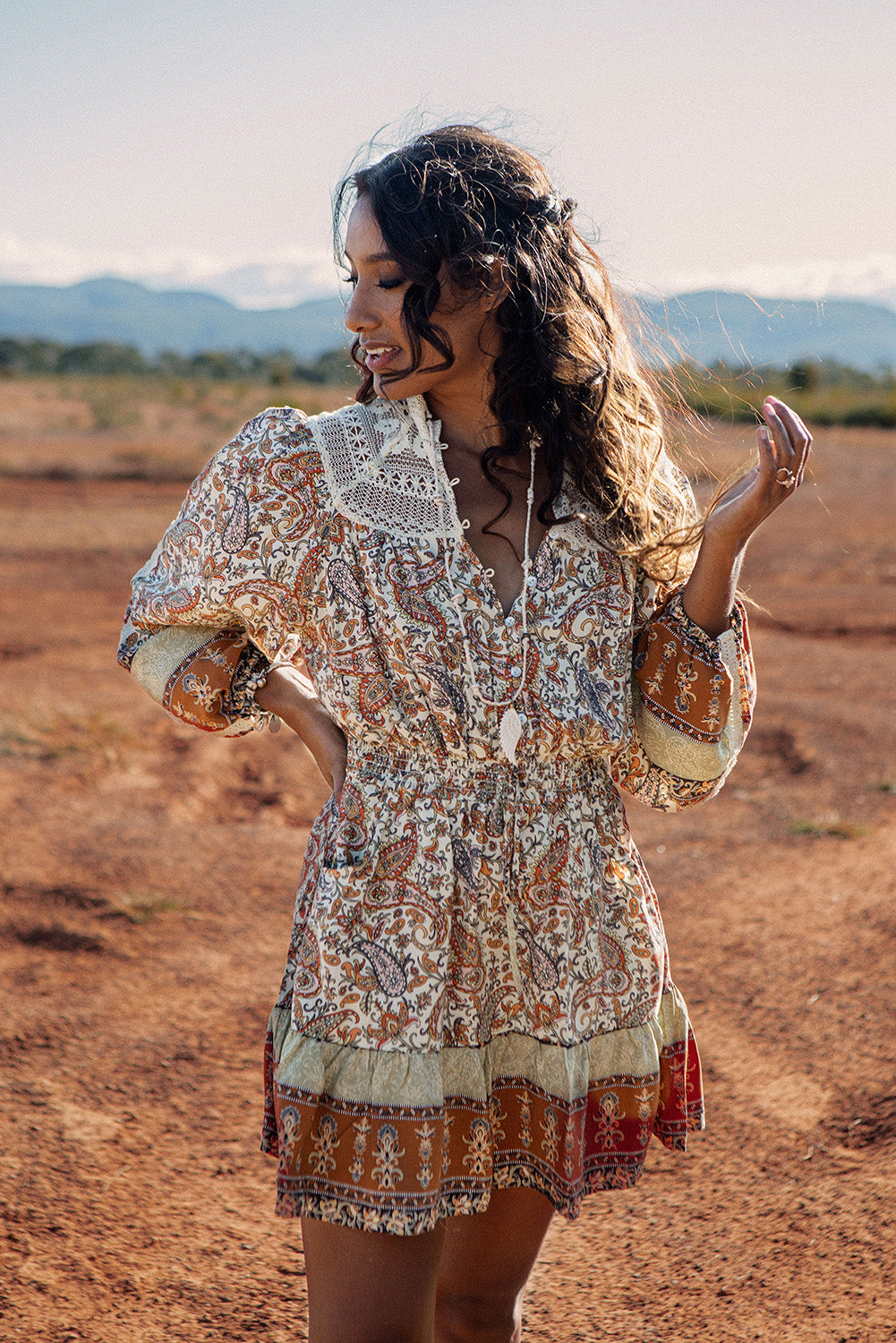 Multicolor Lace Splicing Split Neck Paisley Ruffle Mini Dress