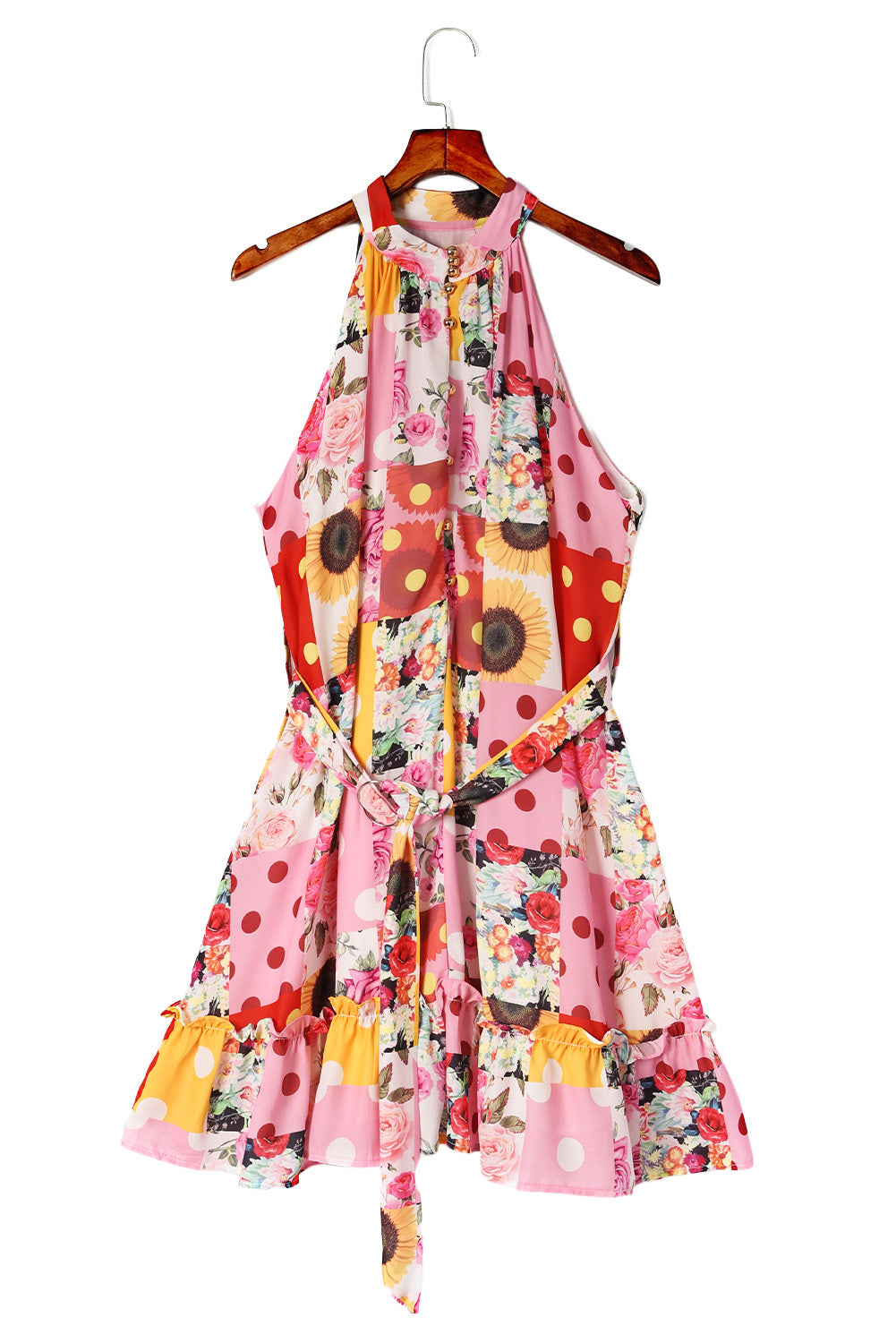 Floral Print Buttoned Waist Belted Sleeveless Flounce Hem Halter Dress