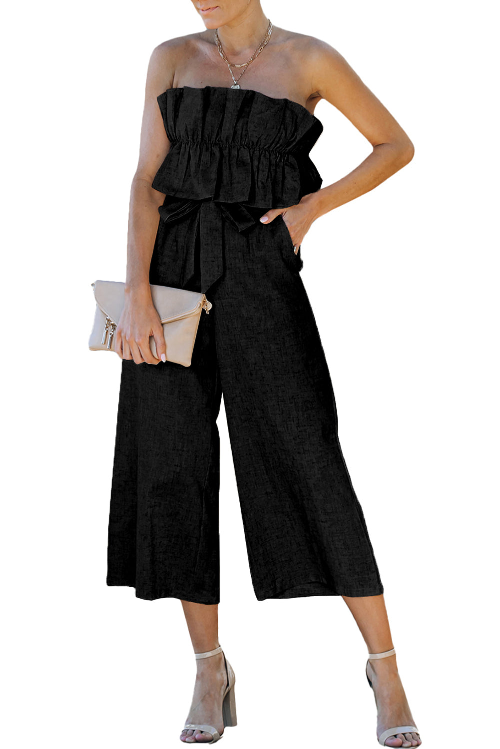 Beige Elegant Ruffled Strapless Wide Leg Jumpsuit
