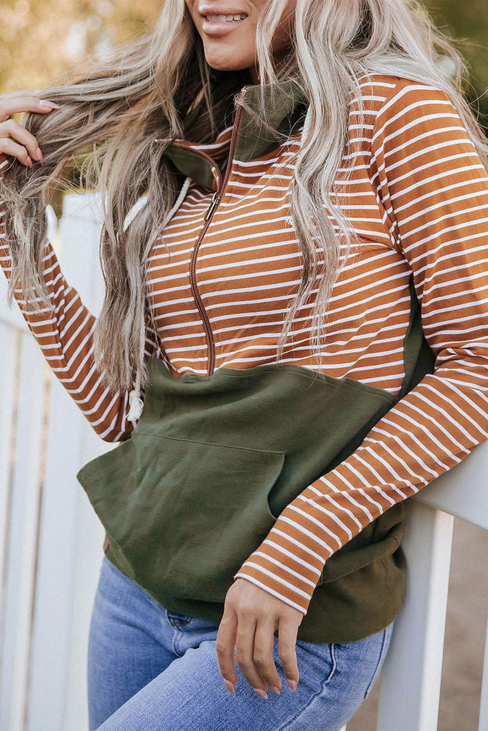 Orange Striped Patchwork Kangaroo Pocket Thumbhole Sleeve Hoodie