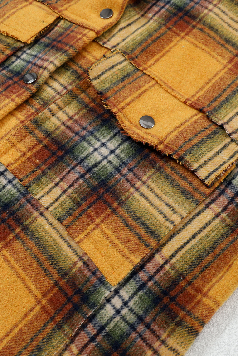 Orange Plaid Patchwork Frayed Trim Snap Button Hooded Jacket