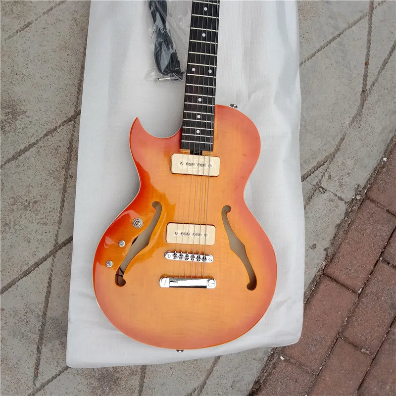 BJ-117 450 Left and Right Handed Mahogany Semi Hollow Body, Rosewood Fingerboard Electric Guitar - Orange/Flame Maple