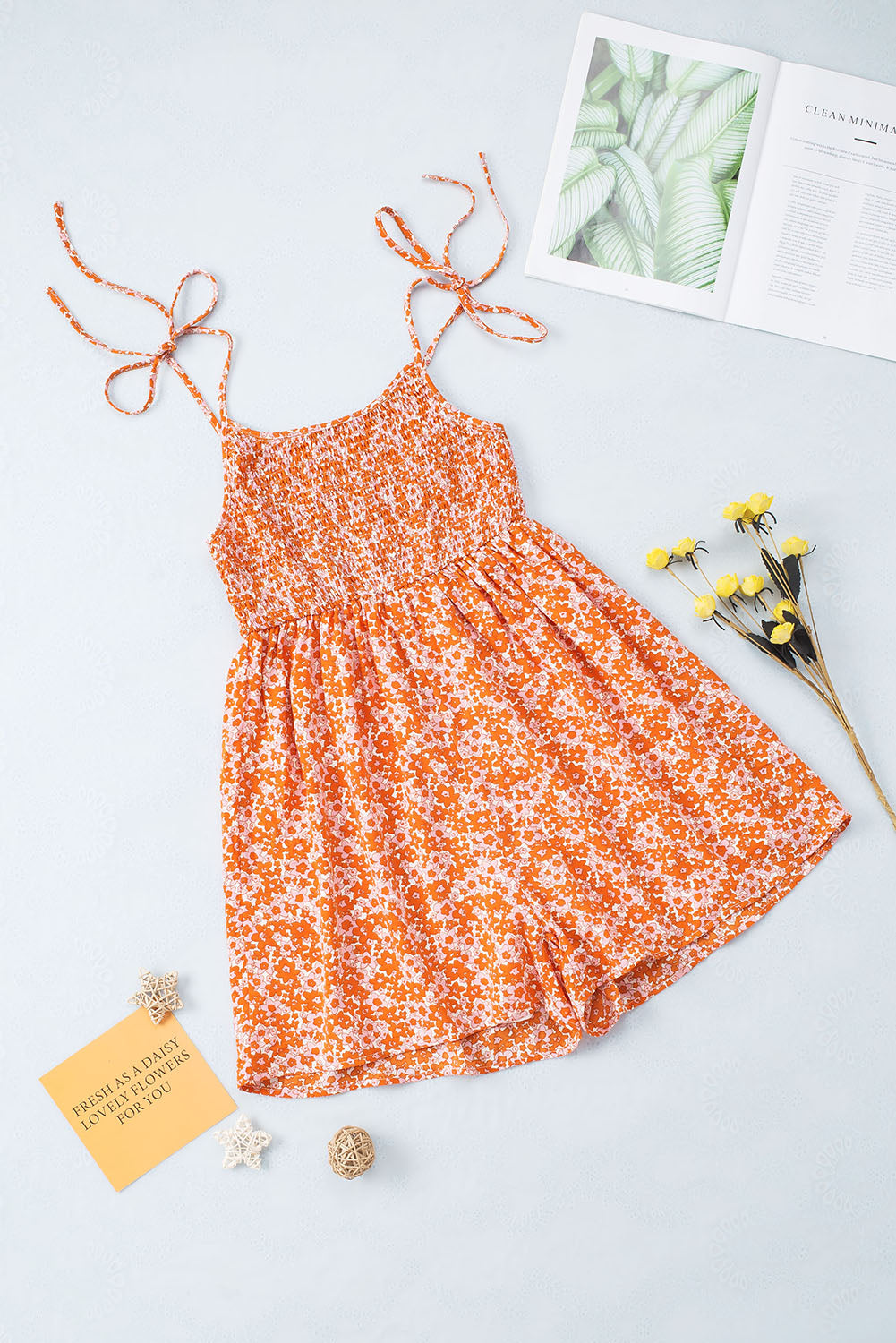 Orange Boho Floral Print Shirred Thin Straps Romper
