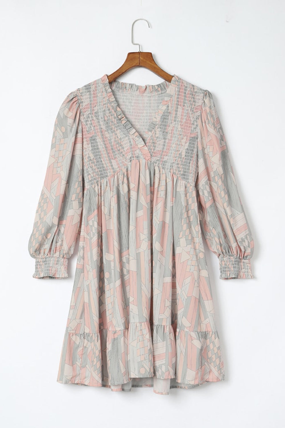 Multicolor Abstract Print Bishop Sleeve Smocked V Neck Dress