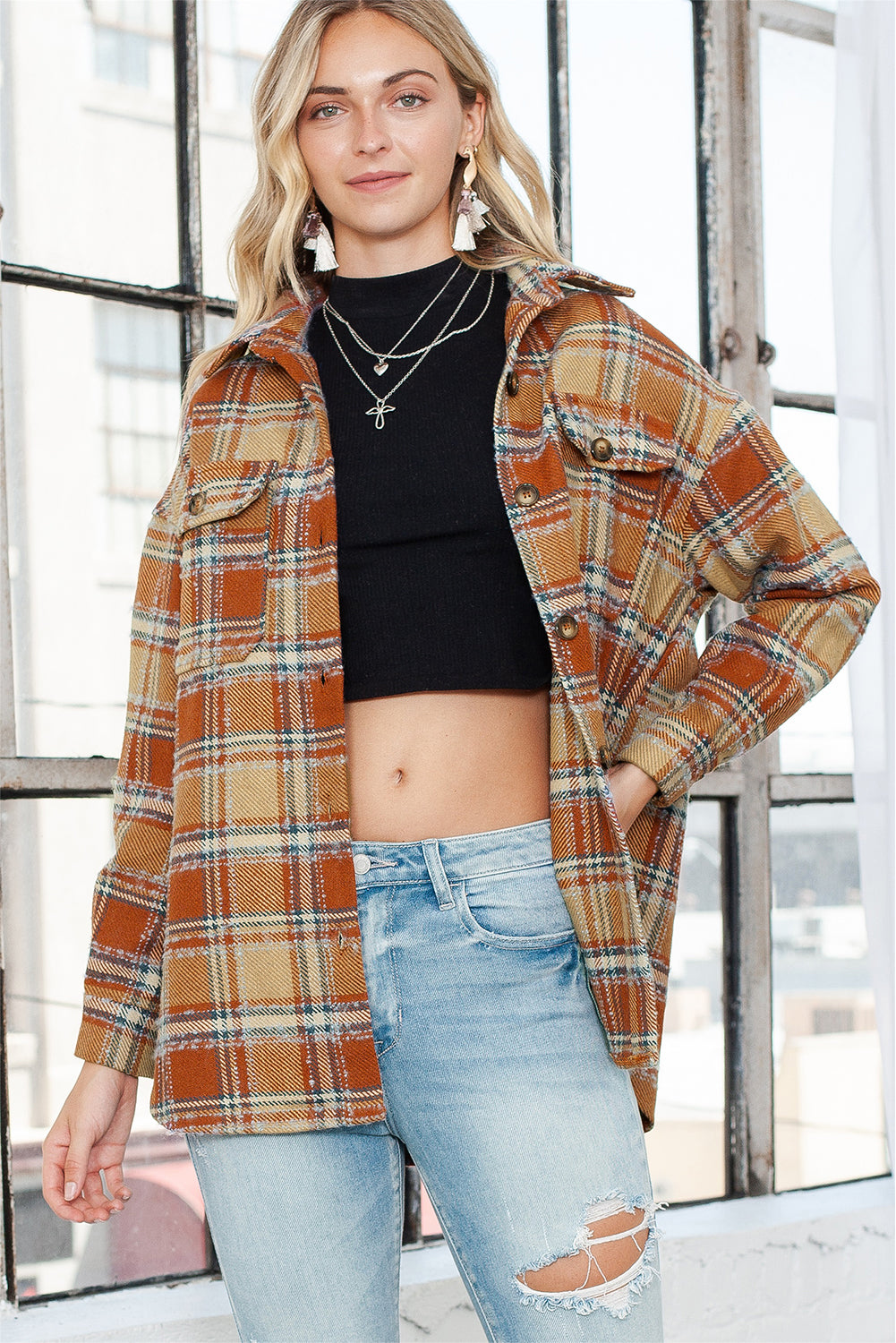 Dark Blue Oversized Flap Pockets Plaid Shacket with Slits