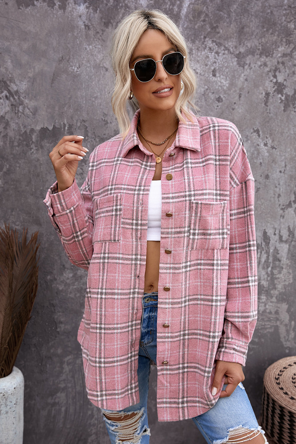 Black Casual Plaid Pattern Buttoned Shirt Shacket with Slit
