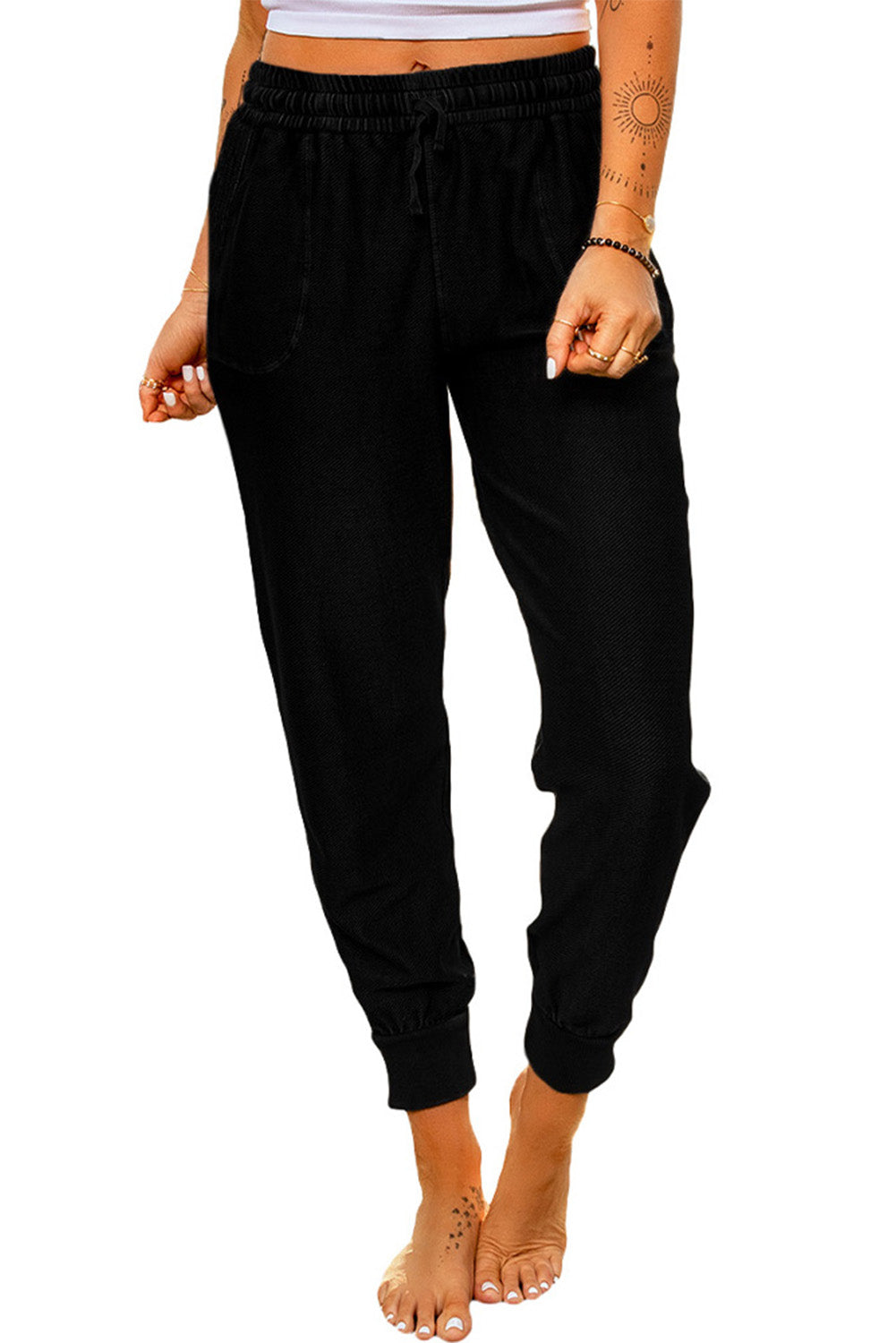 Black Casual Elastic Waist Drawstring Jogger Pants