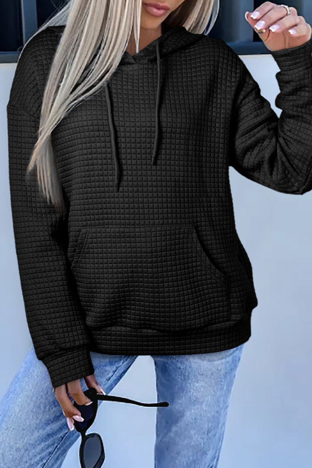 Khaki Lattice Textured Kangaroo Pocket Drawstring Hoodie