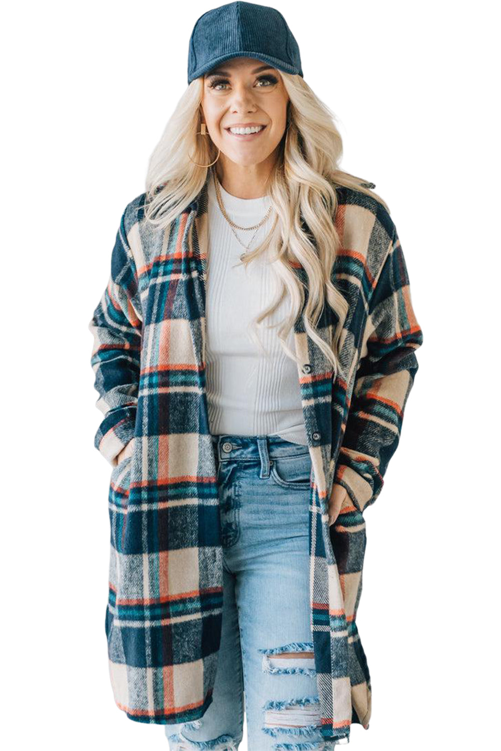 Apricot Plaid Pockets Mid-Length Shacket