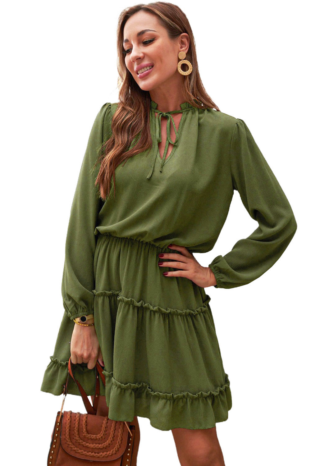 Olive Green Casual Lantern Sleeve V Neck Short Tiered Dress
