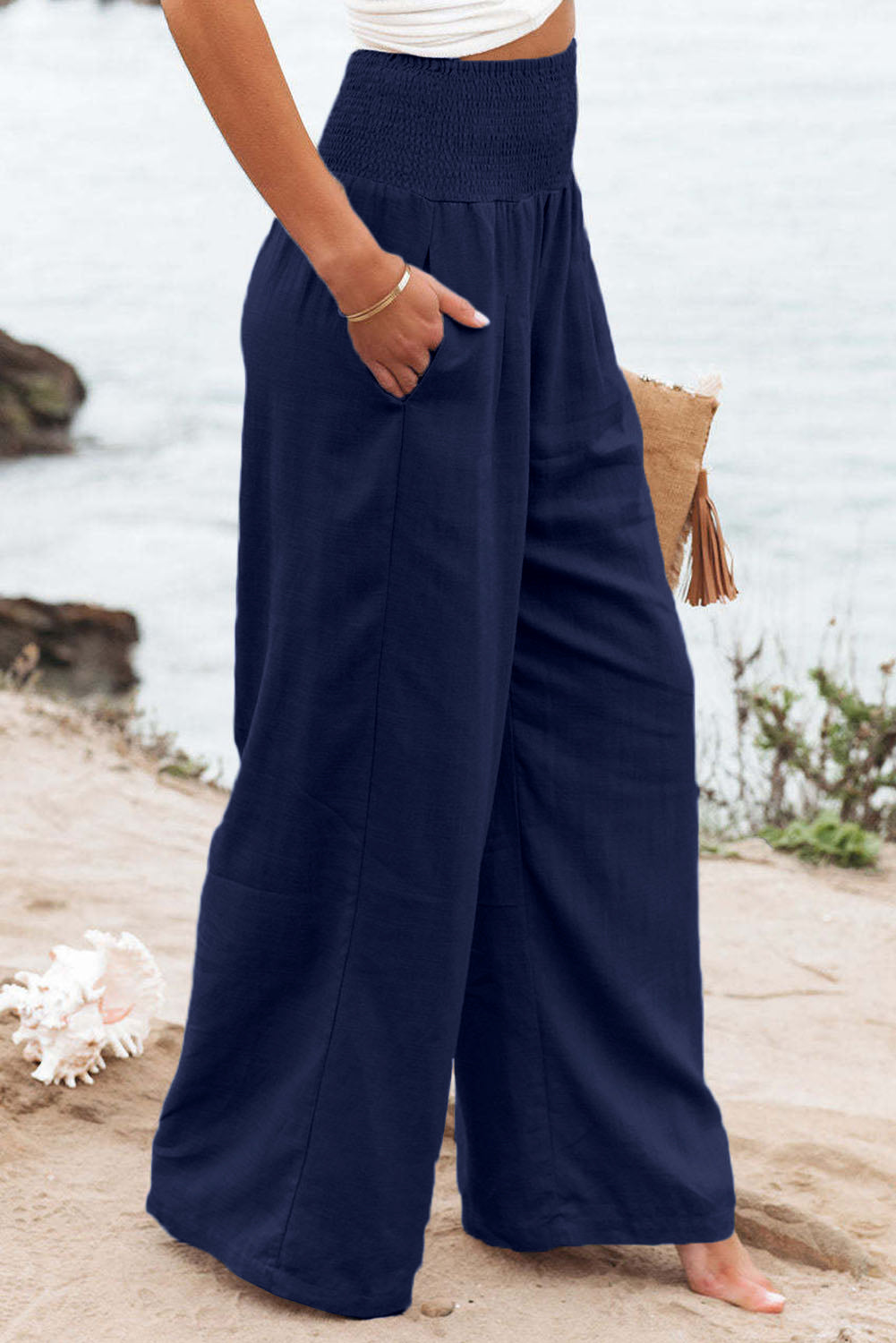 Brown Smocked Wide Waistband High Waist Wide Leg Pants