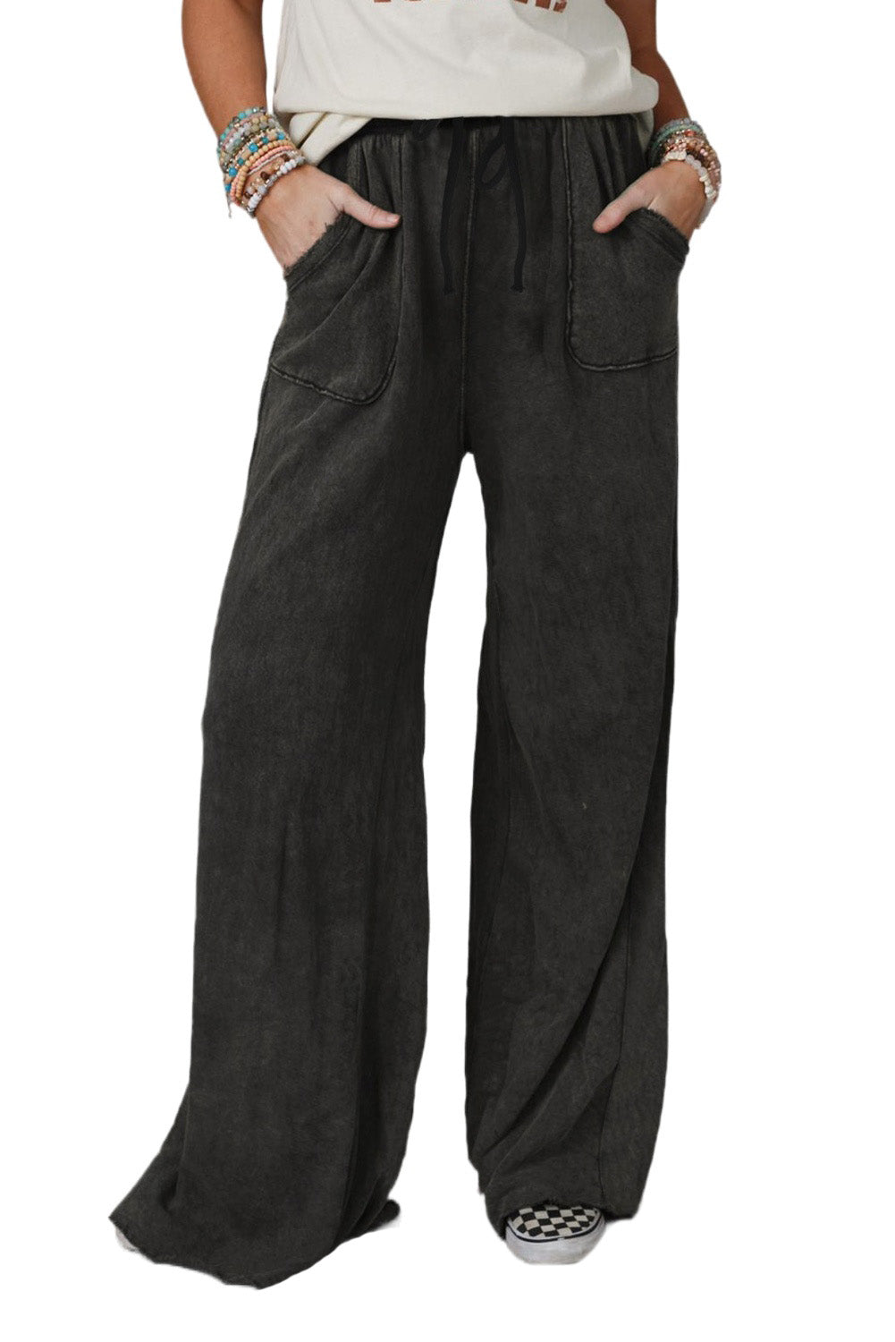 Apricot Mineral Washed Drawstring High Waisted Wide Leg Pants
