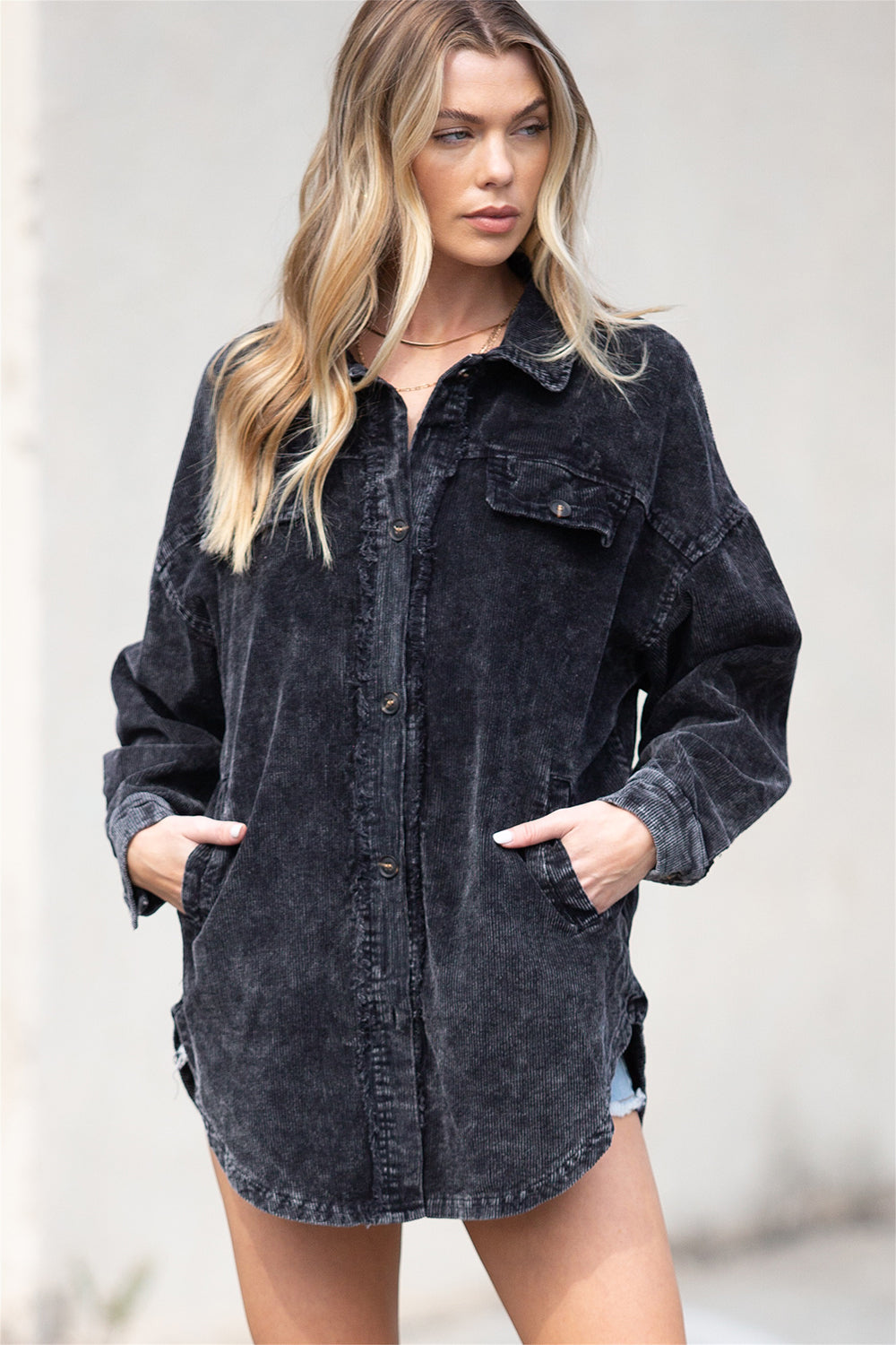 Khaki Vintage Distressed Mineral Wash Oversized Shacket