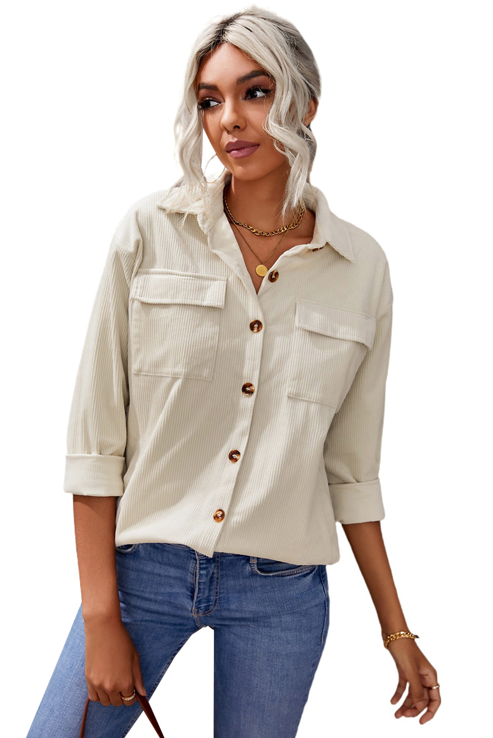 Pocketed Button Ribbed Textured Shacket