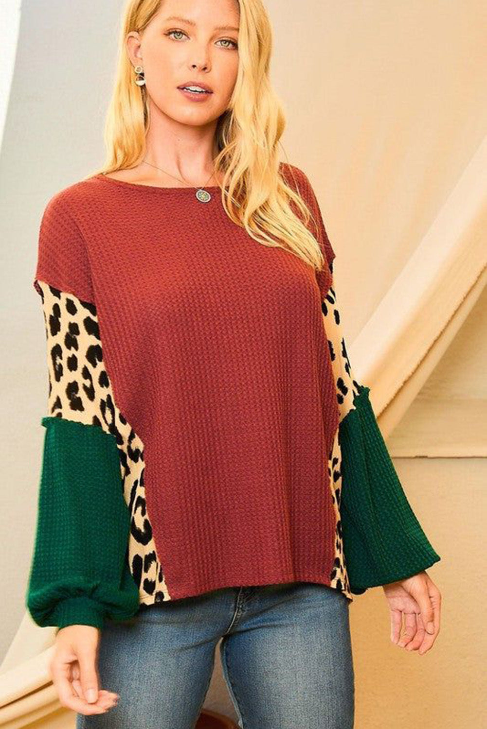 Brown Waffle Leopard Splicing Bishop Sleeve Top