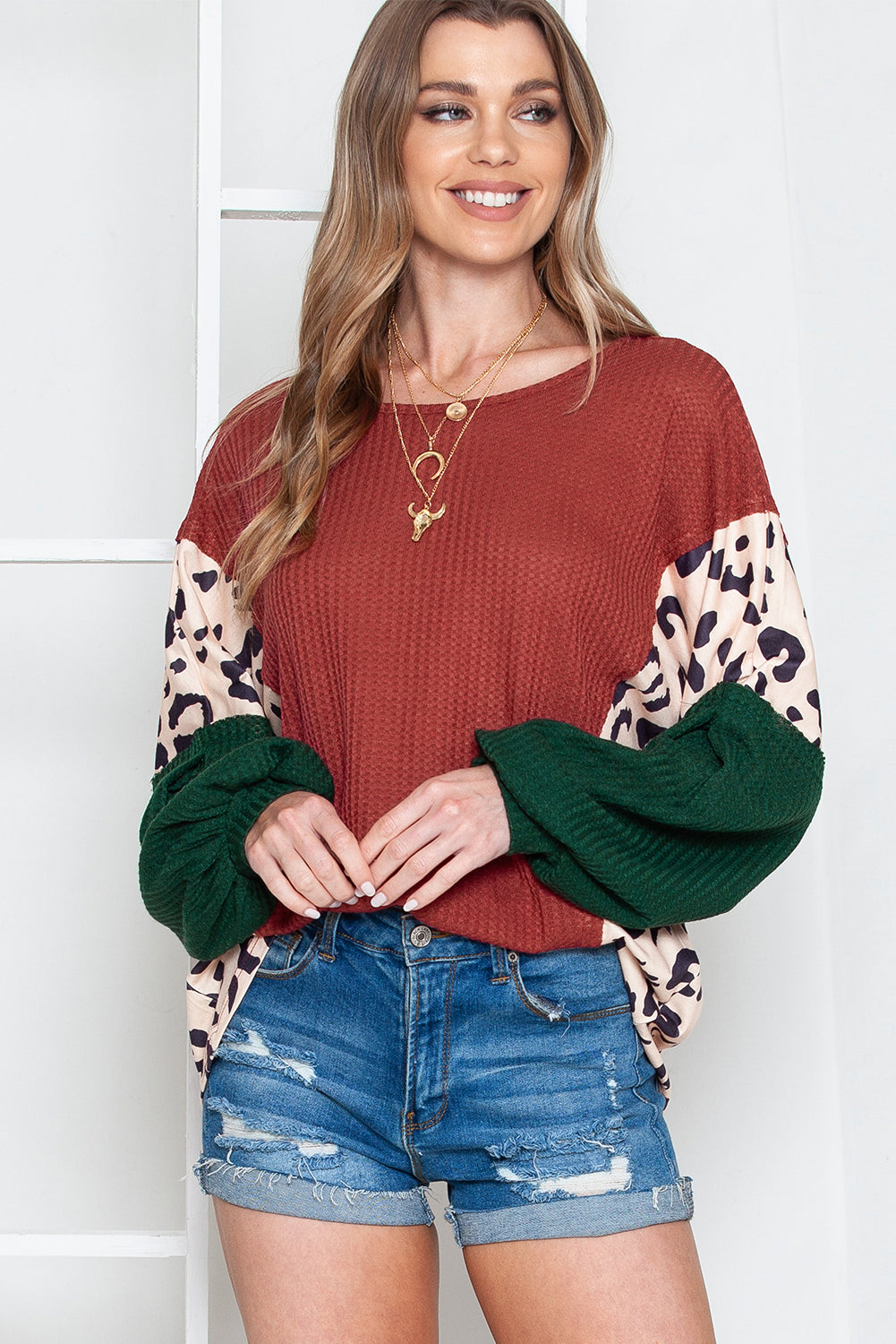 Brown Waffle Leopard Splicing Bishop Sleeve Top