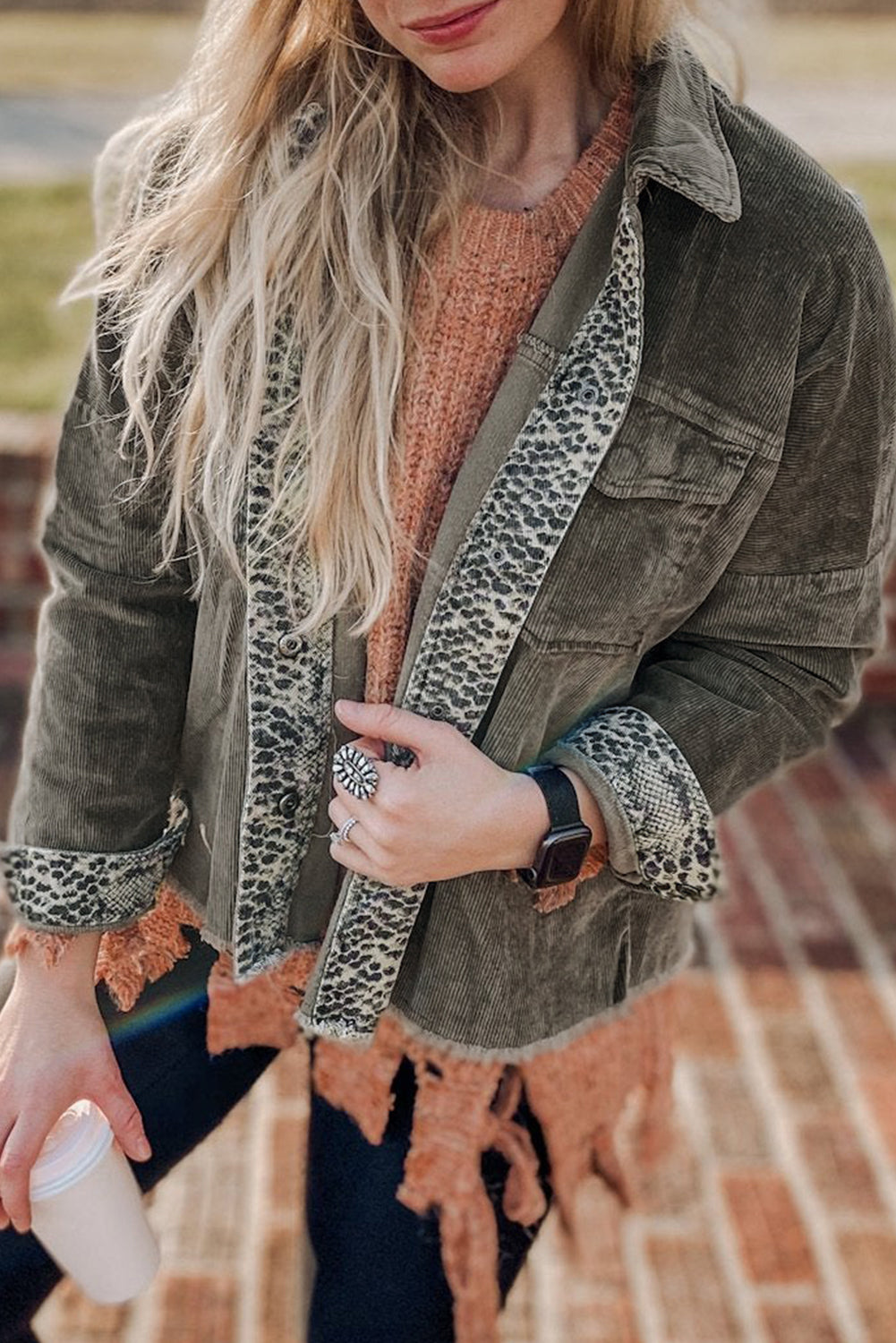 Grey Contrast Snakeskin Trim Pocketed Corduroy Shacket