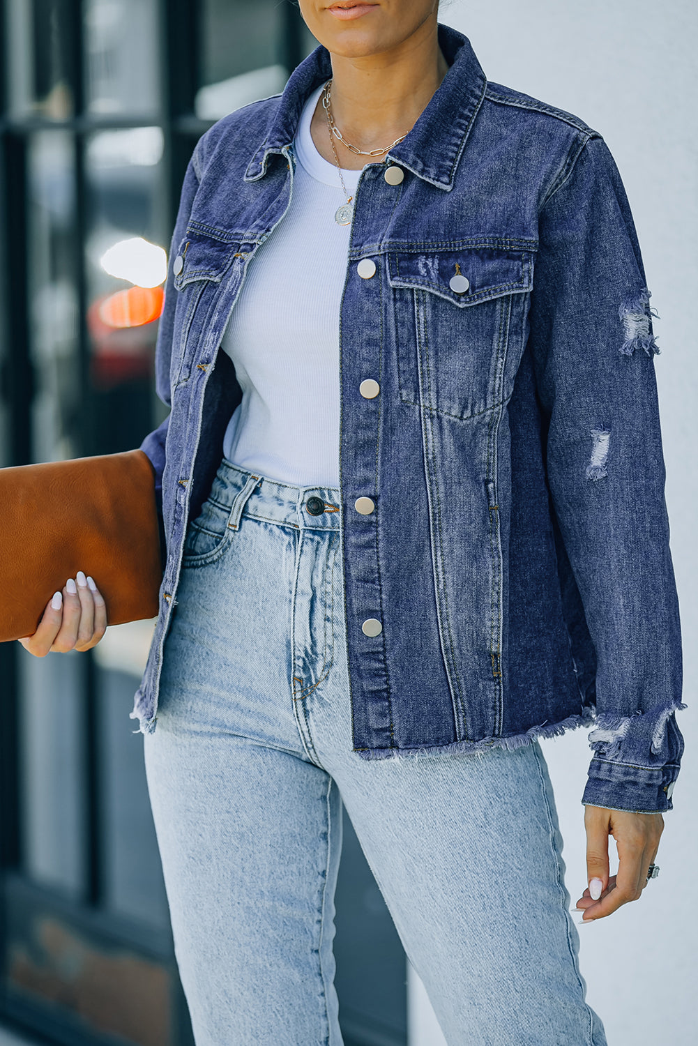 Black Casual Distressed Raw Hem Buttons Denim Jacket