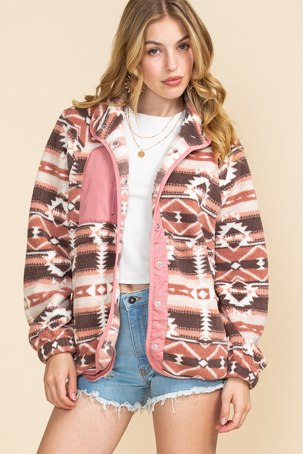 Pink Geometric Colorblock Snap Button Sherpa Jacket