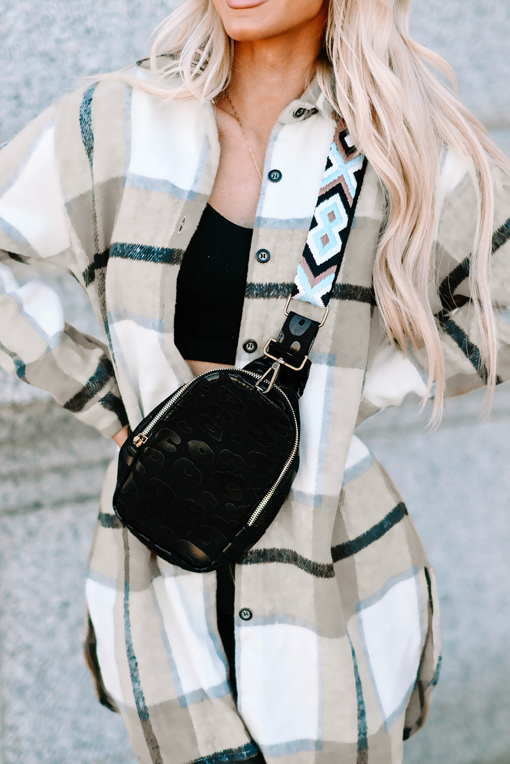 Black Leopard Geometric Print Strap Western Zip Crossbody Bag