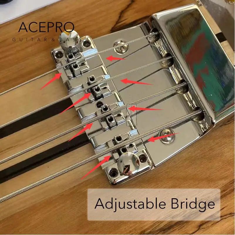 5-piece Neck Thru Body Red Electric Bass Guitar with Adjustable Bridge, Checkerboard Binding