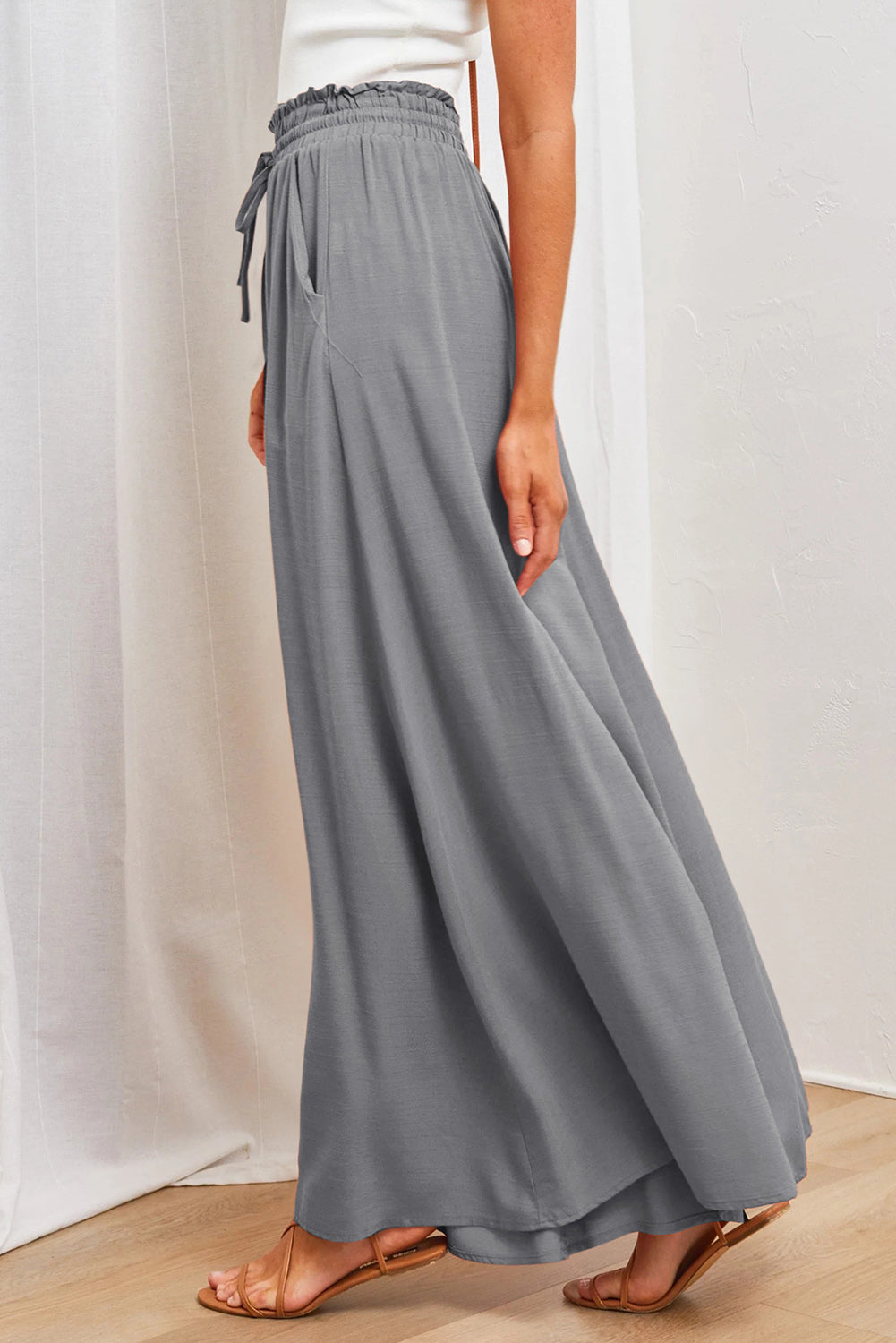 Beige Drawstring Smocked High Waist Wide Leg Pants