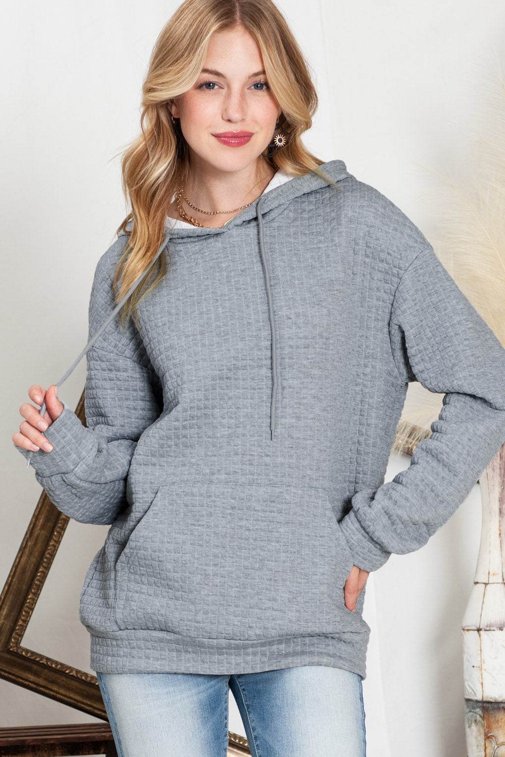 Khaki Lattice Textured Kangaroo Pocket Drawstring Hoodie