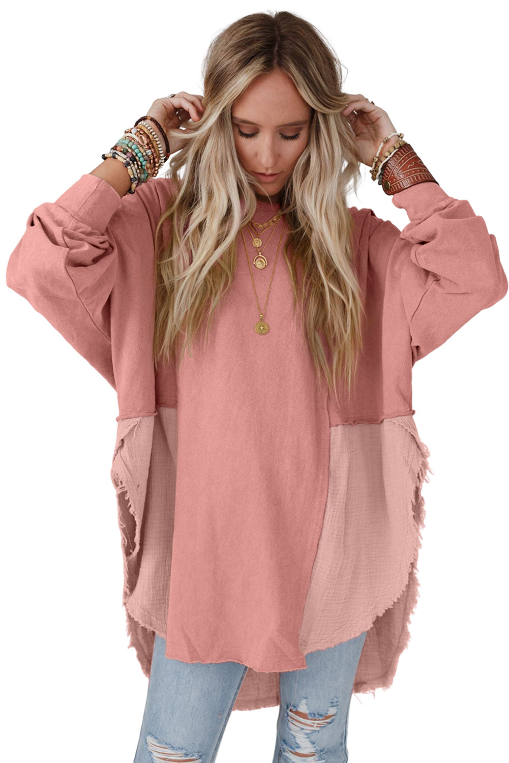 Khaki Crinkled Patchwork Raw Hem Oversized Blouse