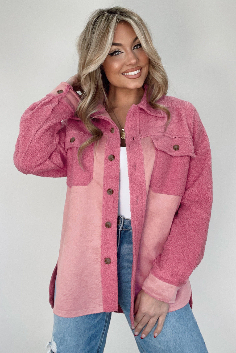 Pink Colorblock Buttoned Flap Pocket Sherpa Jacket