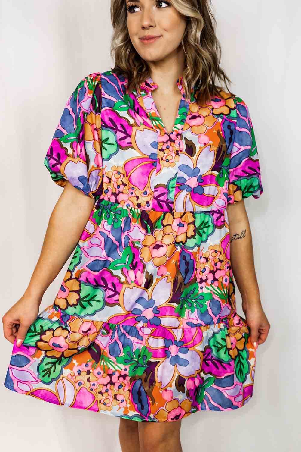 Multicolor Floral Puff Sleeve Notch V-Neck Ruffled Short Dress