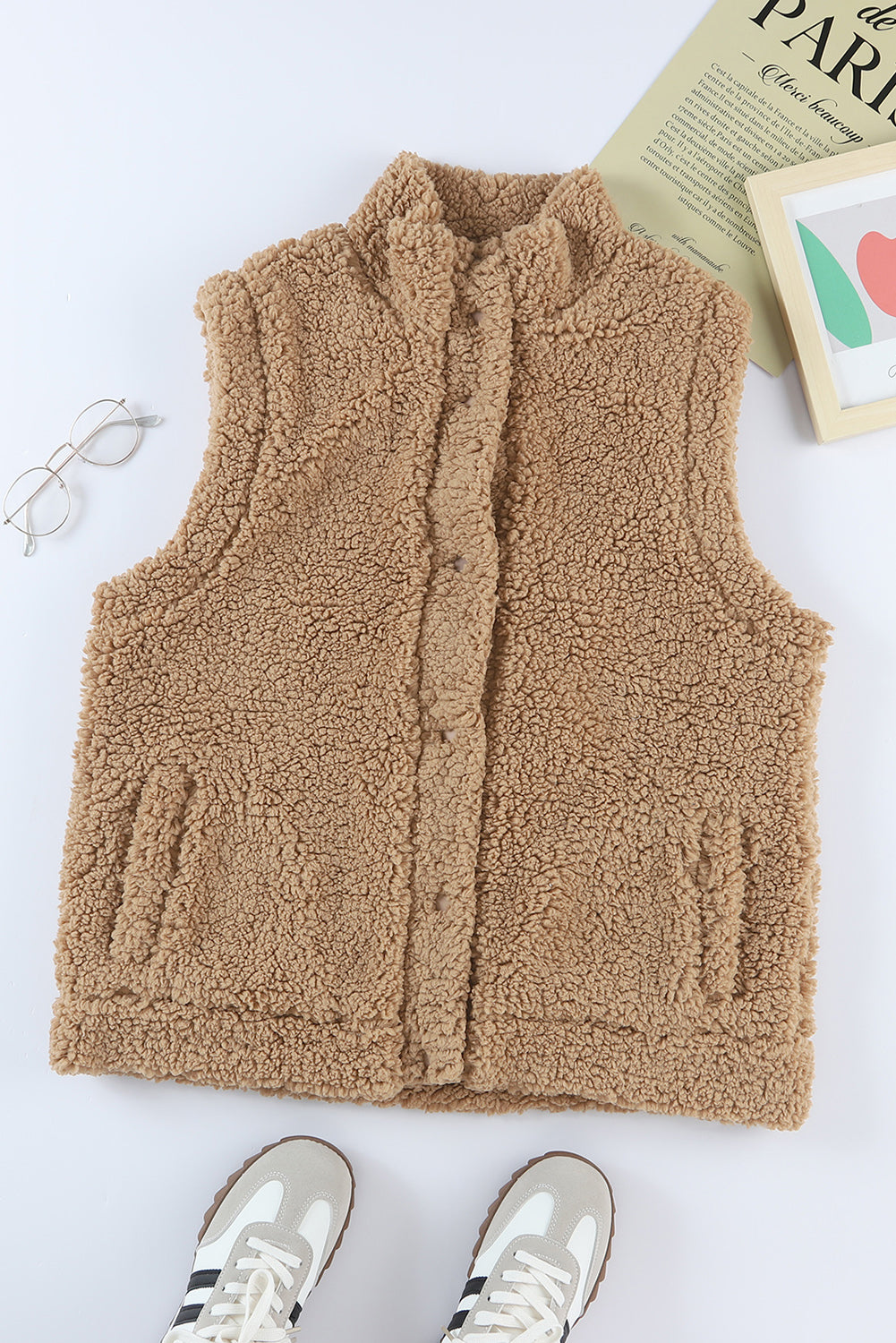 Green Snap Button Collared Stand Neck Sherpa Vest
