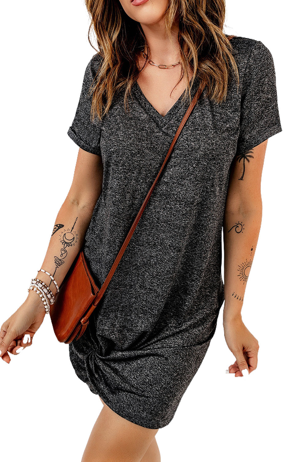 Casual V Neck Short Sleeve Twist Front Short Basics Dress