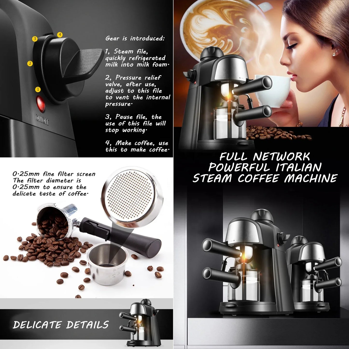 1-4 Cup Coffee Machine Steam Expresso Maker with Milk Frother