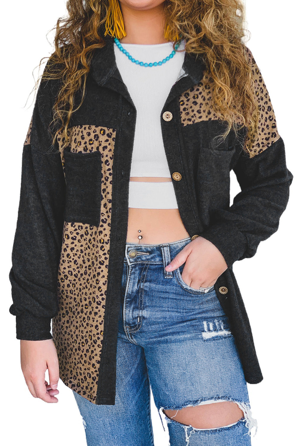Black Casual Leopard Print Patchwork Shacket