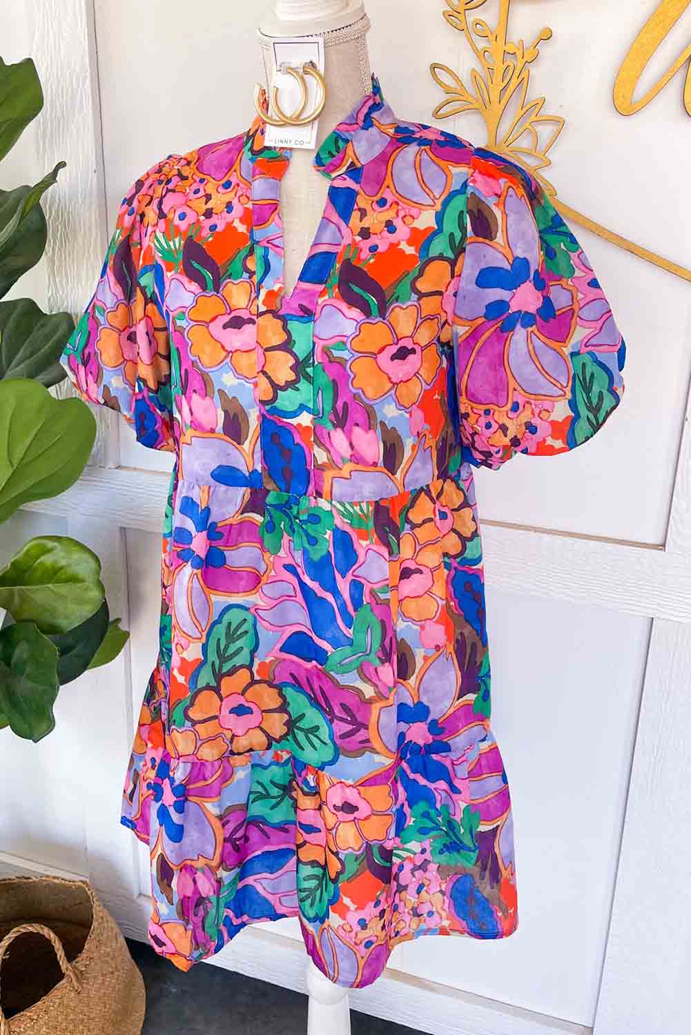 Multicolor Floral Puff Sleeve Notch V-Neck Ruffled Short Dress
