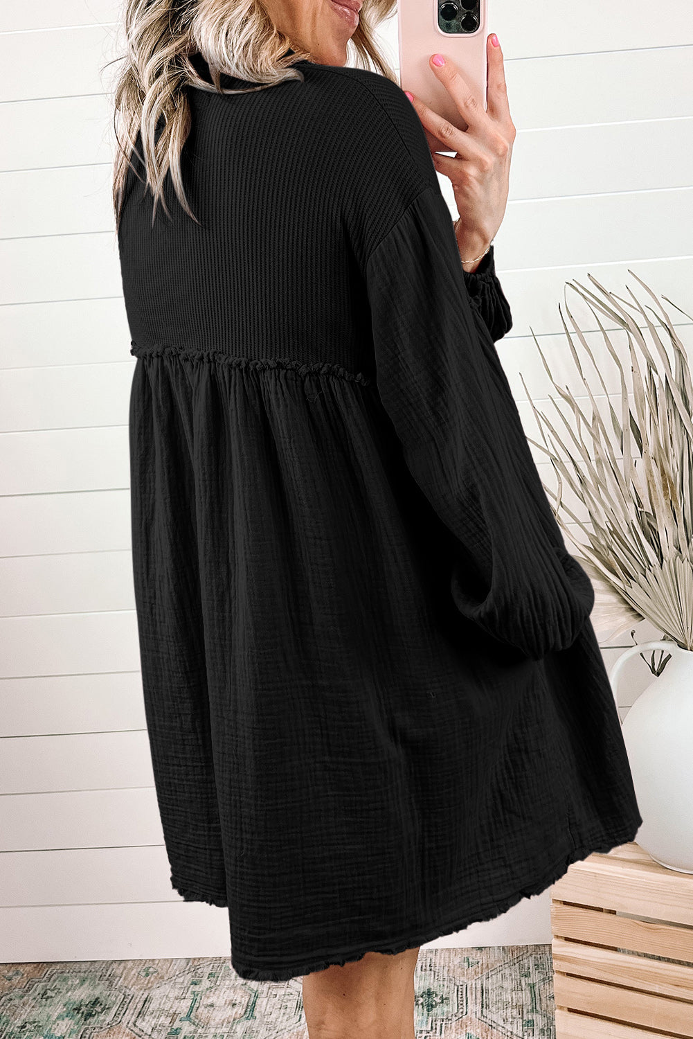 Pink Ribbed Crinkle Patchwork Puff Sleeve Raw Hem Shirt Dress